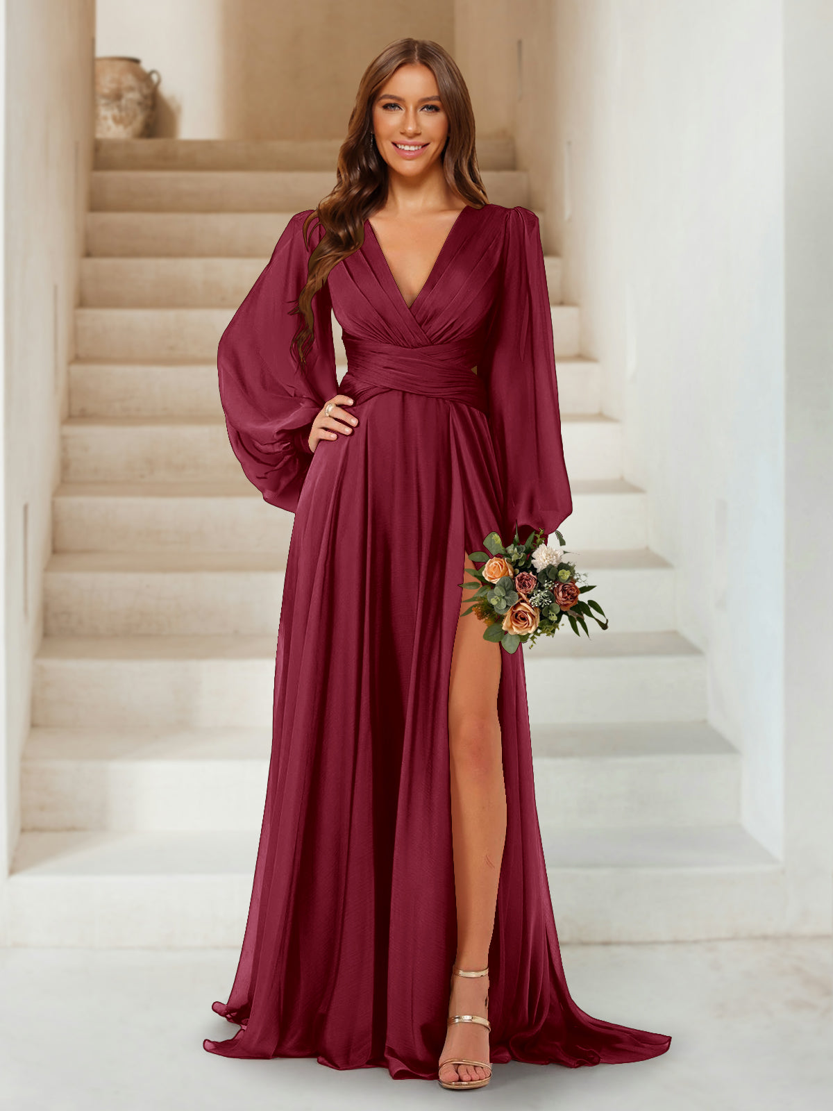 A-Line/Princess V-Neck Long Sleeves Floor Length Bridesmaid Dresses with Split Side Light Burgundy