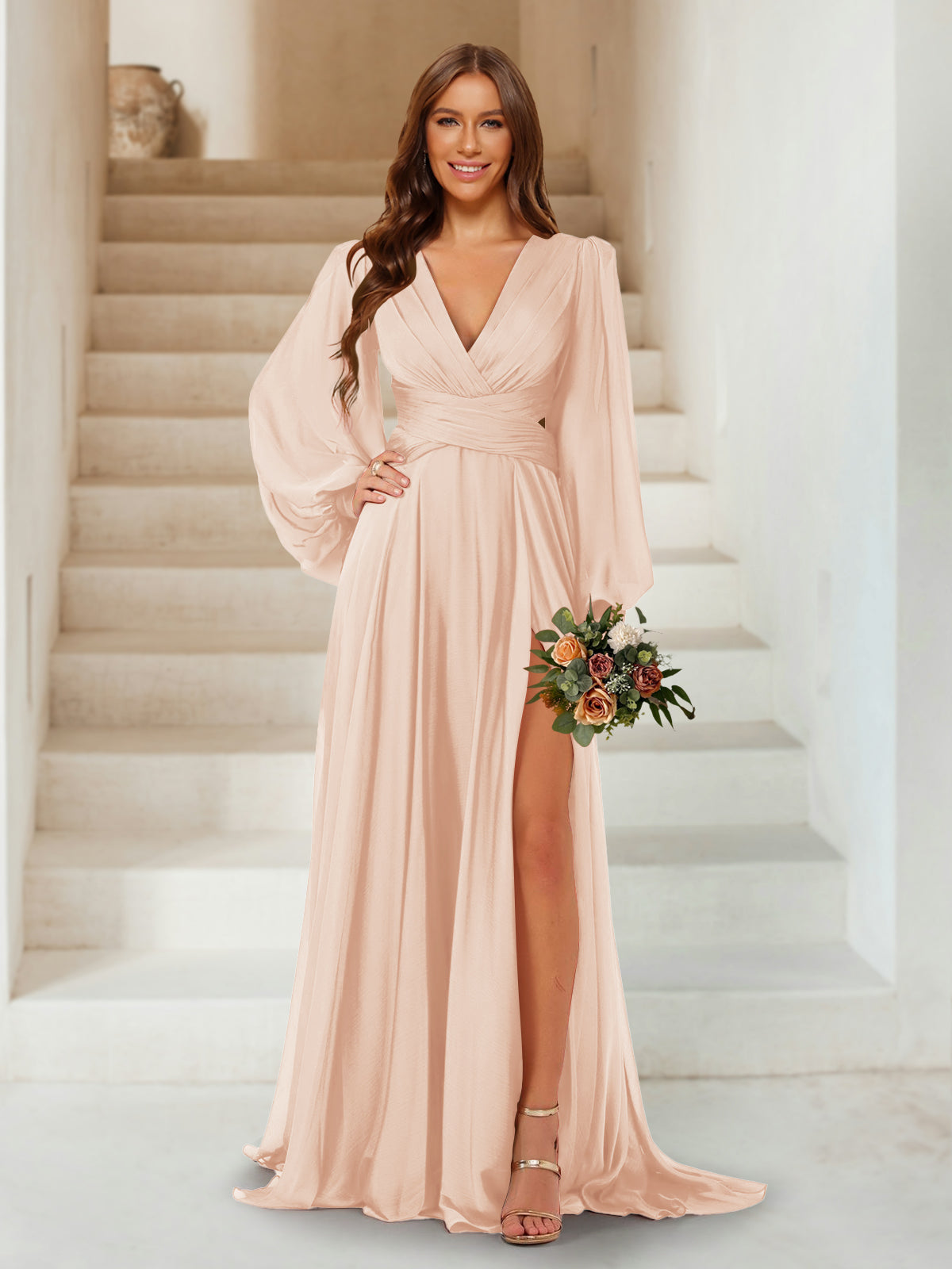 A-Line/Princess V-Neck Long Sleeves Floor Length Bridesmaid Dresses with Split Side Light Champagne