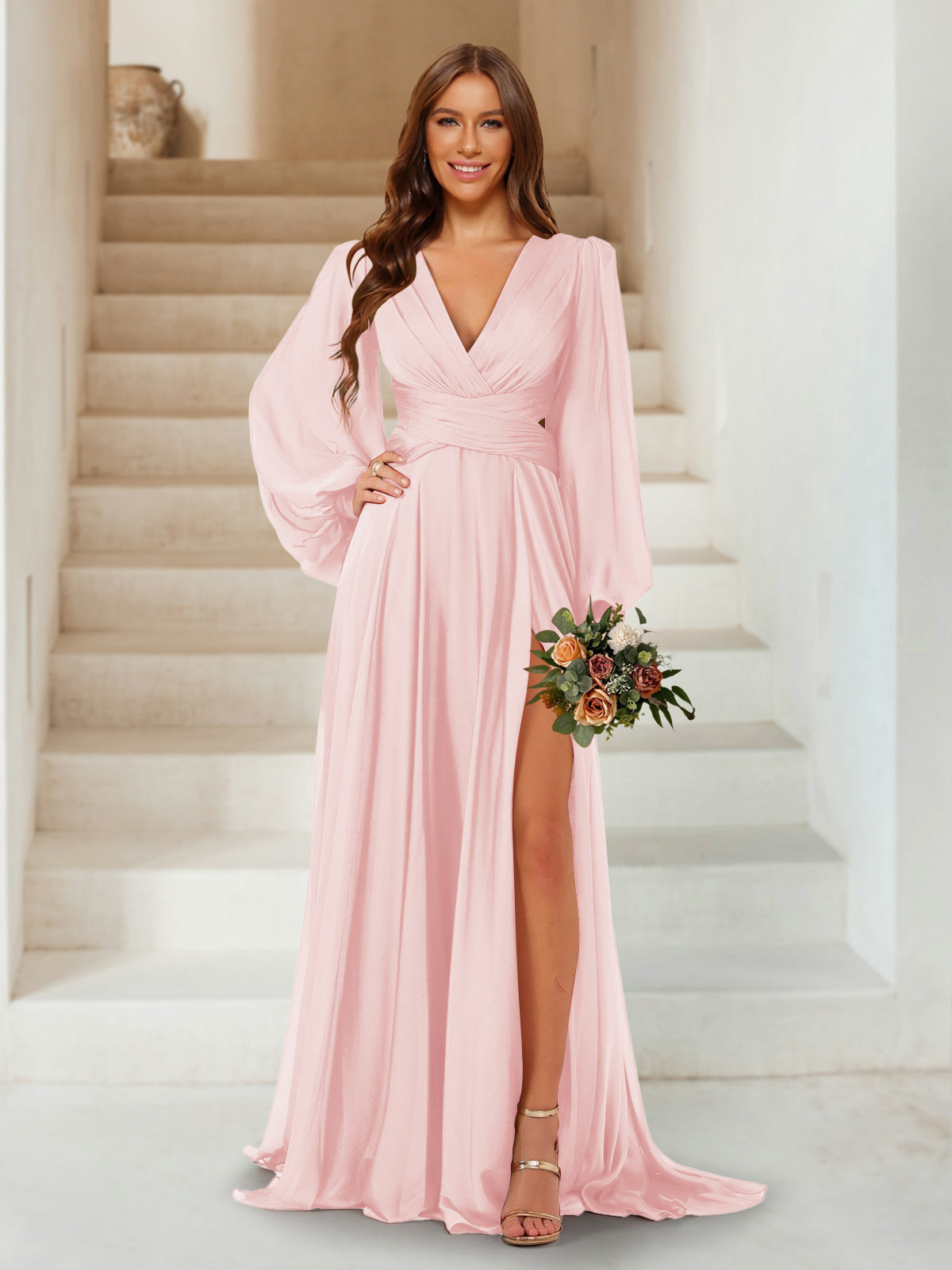 A-Line/Princess V-Neck Long Sleeves Floor Length Bridesmaid Dresses with Split Side Light Pink