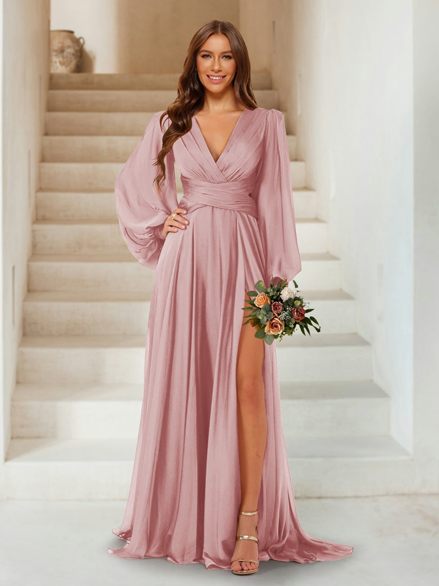A-Line/Princess V-Neck Long Sleeves Floor Length Bridesmaid Dresses with Split Side Mauve