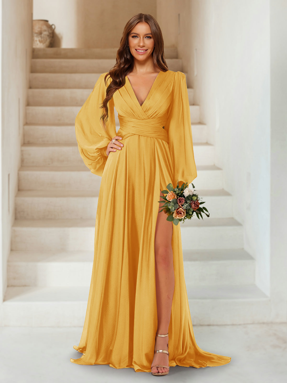 A-Line/Princess V-Neck Long Sleeves Floor Length Bridesmaid Dresses with Split Side Mustard Yellow