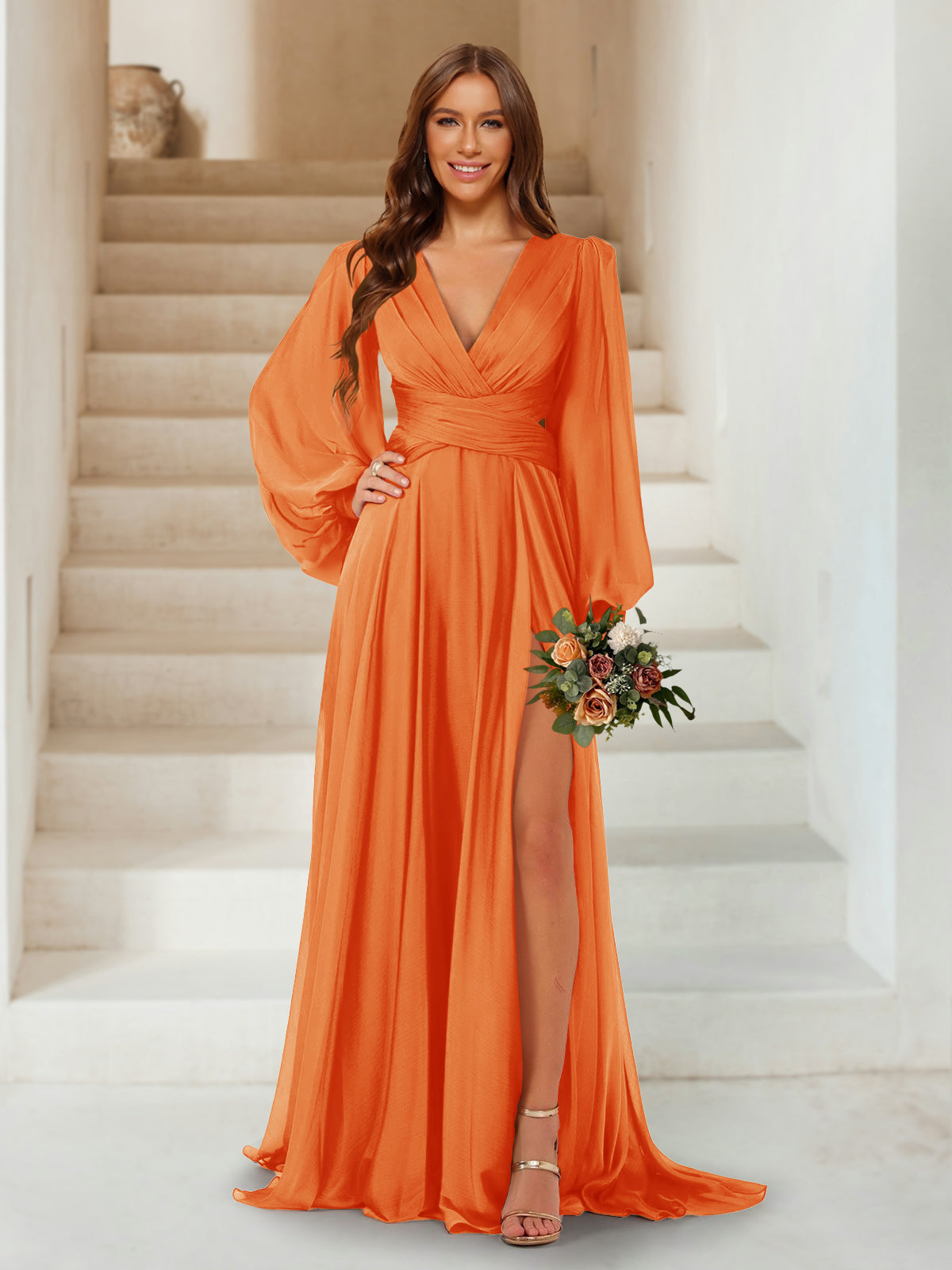 A-Line/Princess V-Neck Long Sleeves Floor Length Bridesmaid Dresses with Split Side Orange