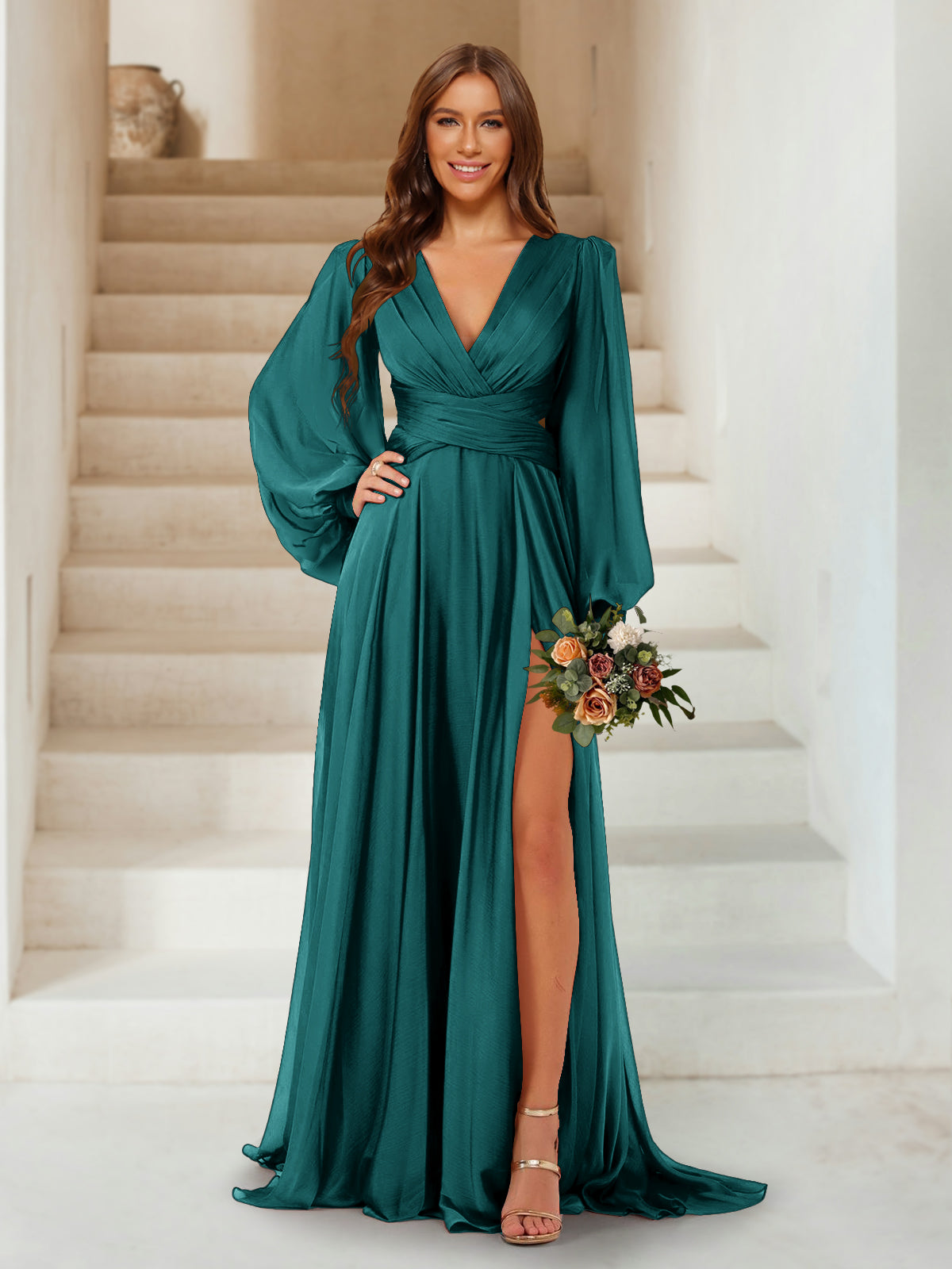 A-Line/Princess V-Neck Long Sleeves Floor Length Bridesmaid Dresses with Split Side Peacock