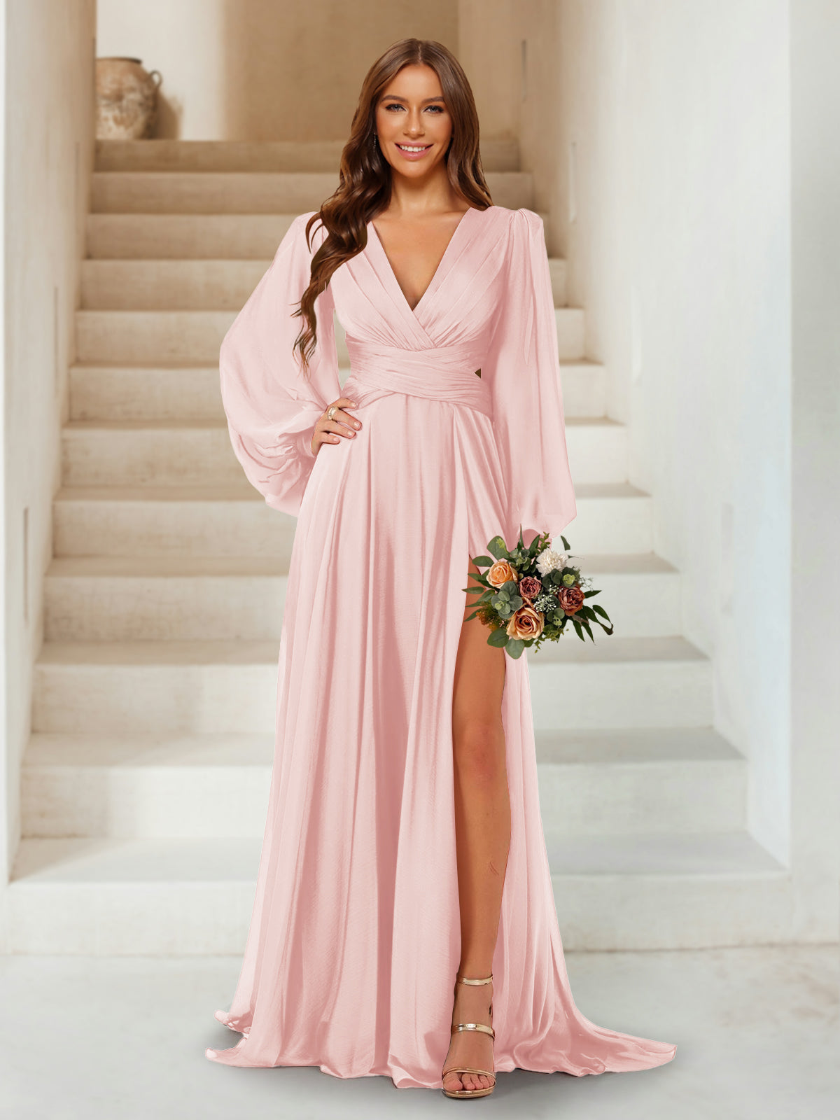 A-Line/Princess V-Neck Long Sleeves Floor Length Bridesmaid Dresses with Split Side Pearl Pink