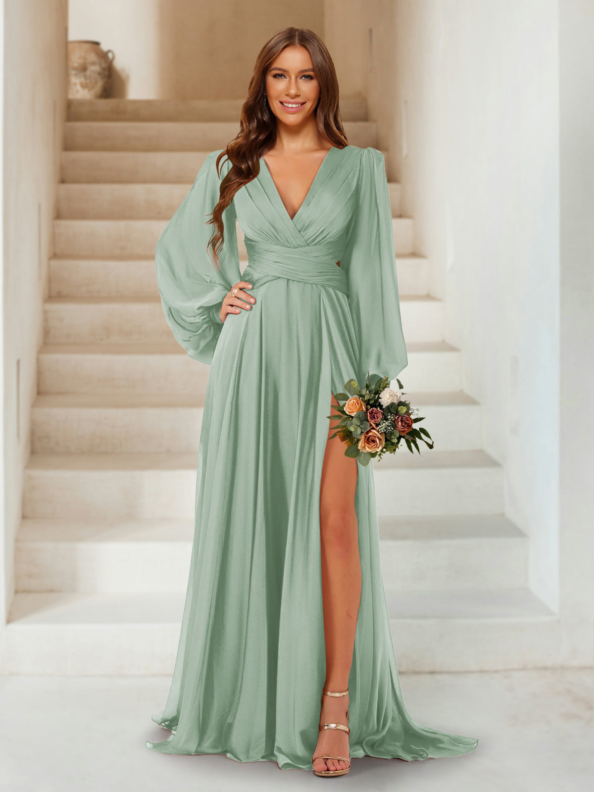 A-Line/Princess V-Neck Long Sleeves Floor Length Bridesmaid Dresses with Split Side Sage