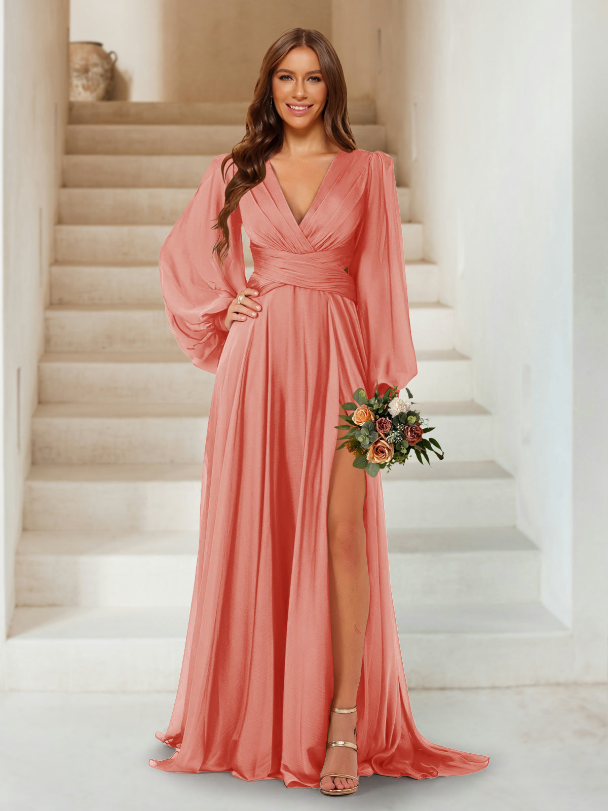A-Line/Princess V-Neck Long Sleeves Floor Length Bridesmaid Dresses with Split Side Salmon