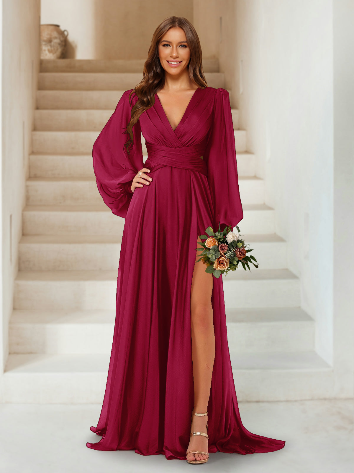 A-Line/Princess V-Neck Long Sleeves Floor Length Bridesmaid Dresses with Split Side Wine Red