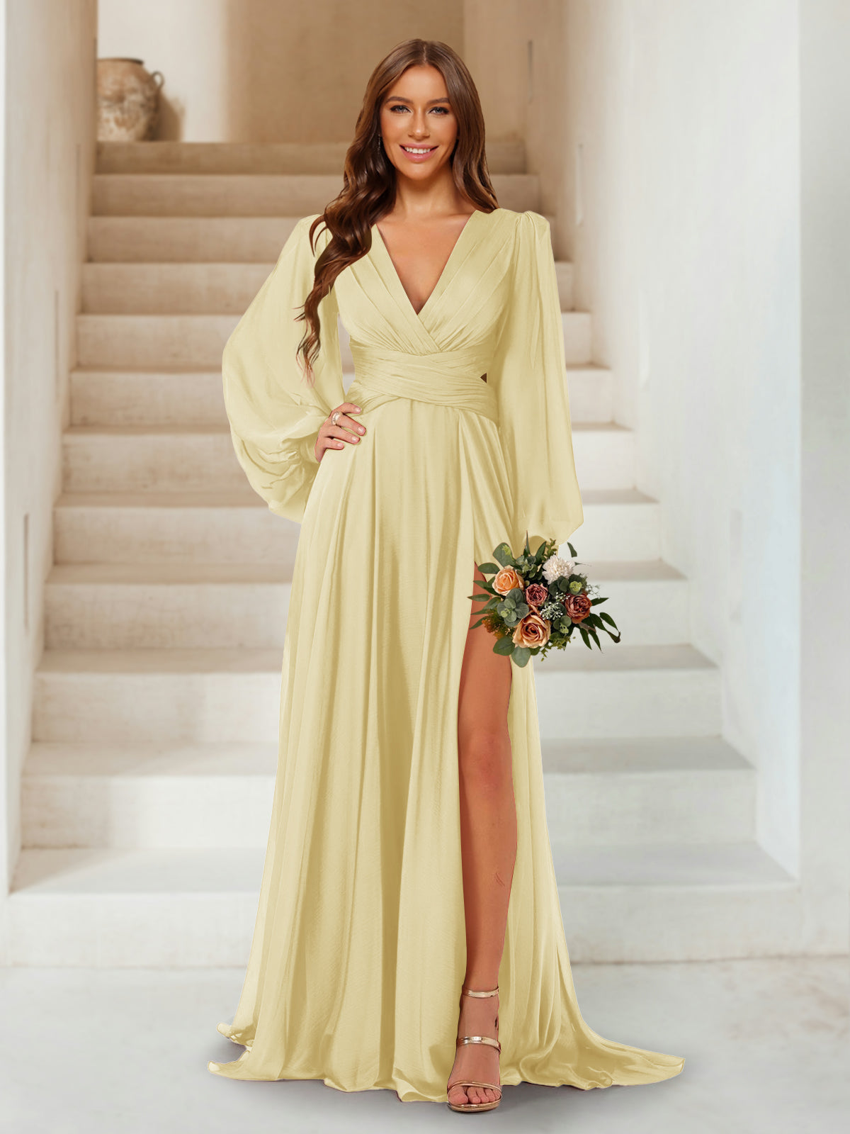 A-Line/Princess V-Neck Long Sleeves Floor Length Bridesmaid Dresses with Split Side Yellow