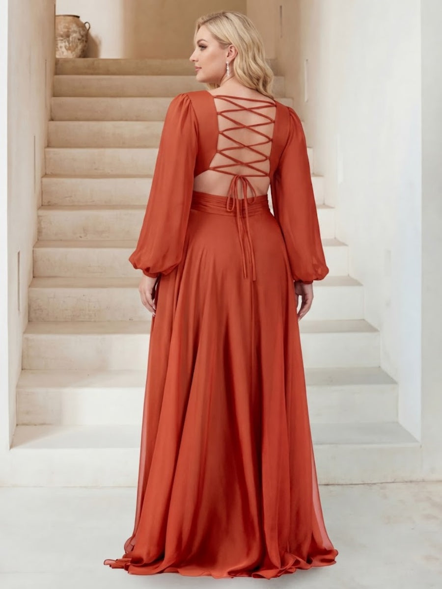 A-Line/Princess V-Neck Long Sleeves Floor Length Bridesmaid Dresses with Split Side