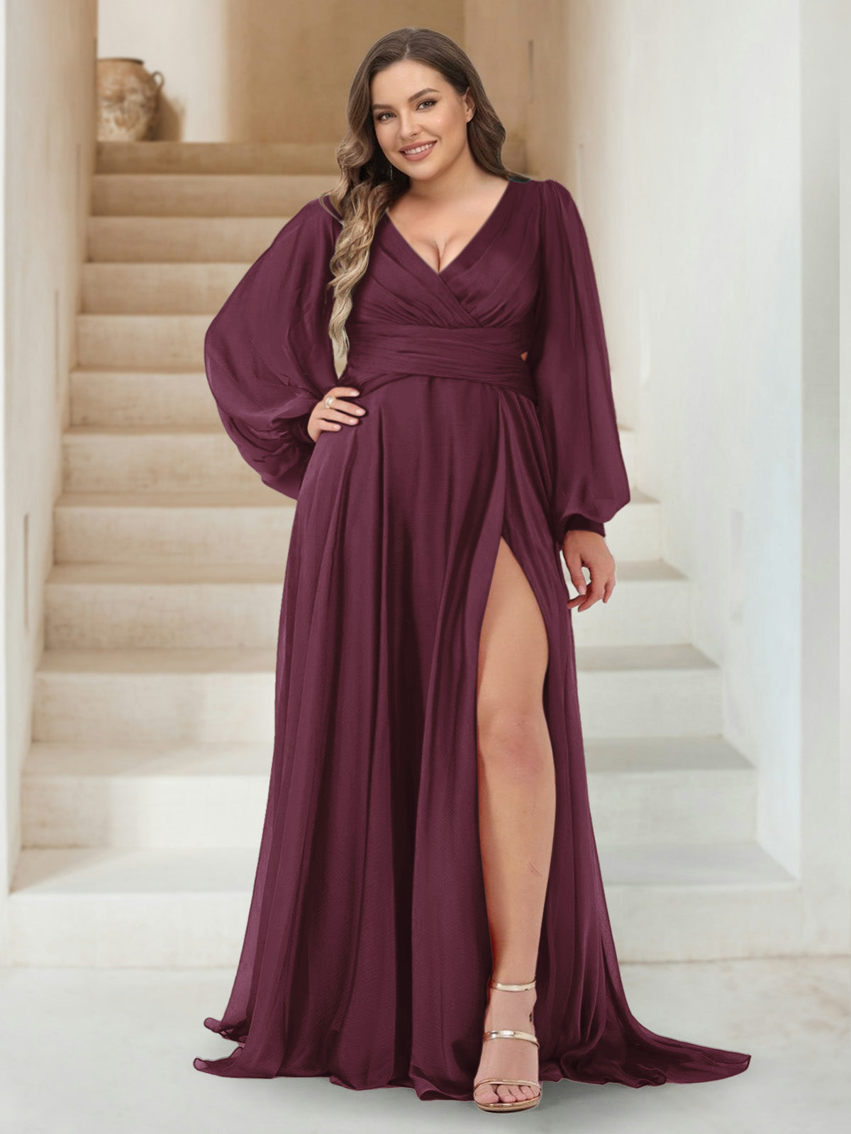 A-Line/Princess V-Neck Long Sleeves Floor Length Plus Size Bridesmaid Dresses with Split Side Burgundy