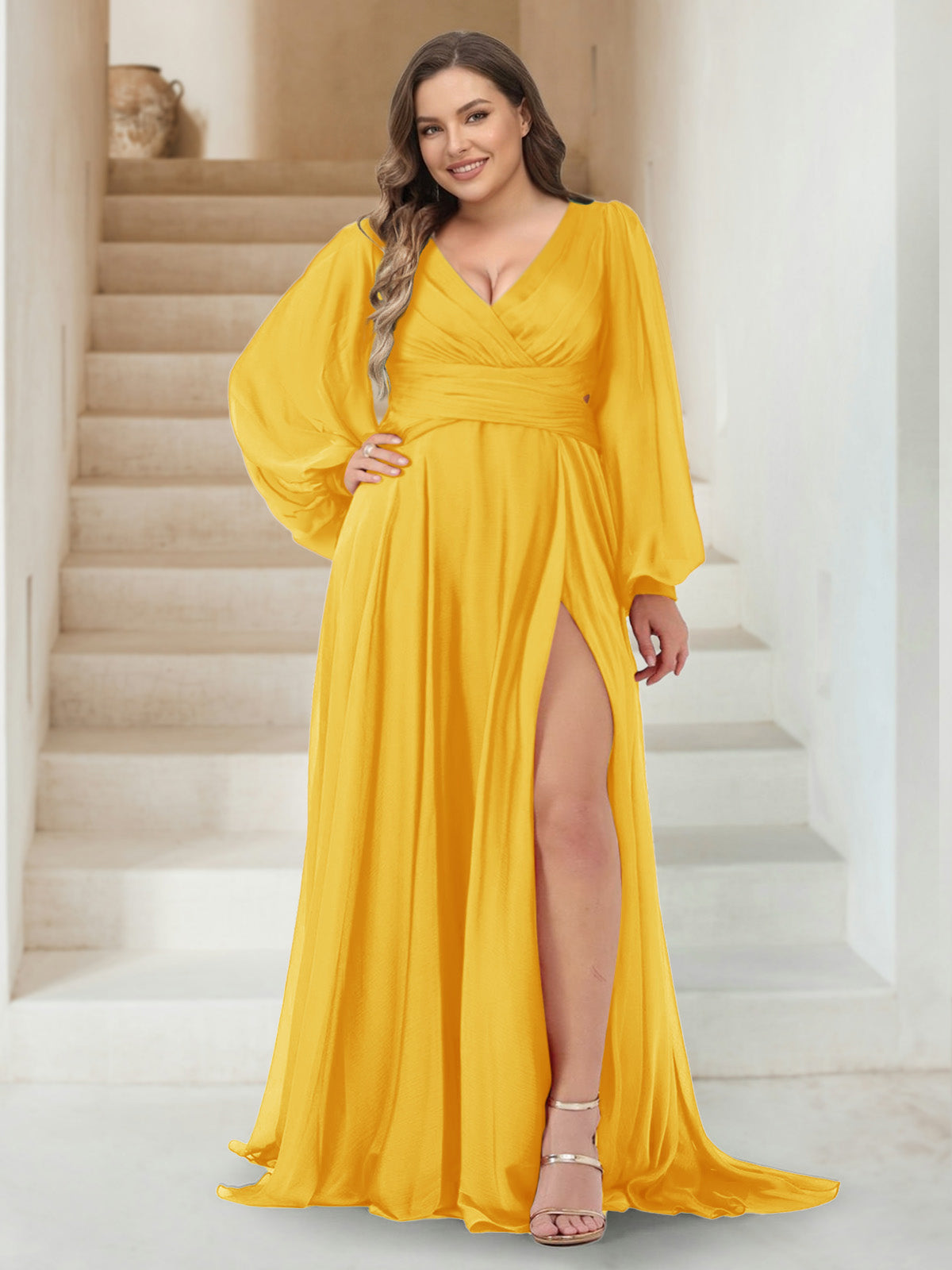 A-Line/Princess V-Neck Long Sleeves Floor Length Plus Size Bridesmaid Dresses with Split Side Gold