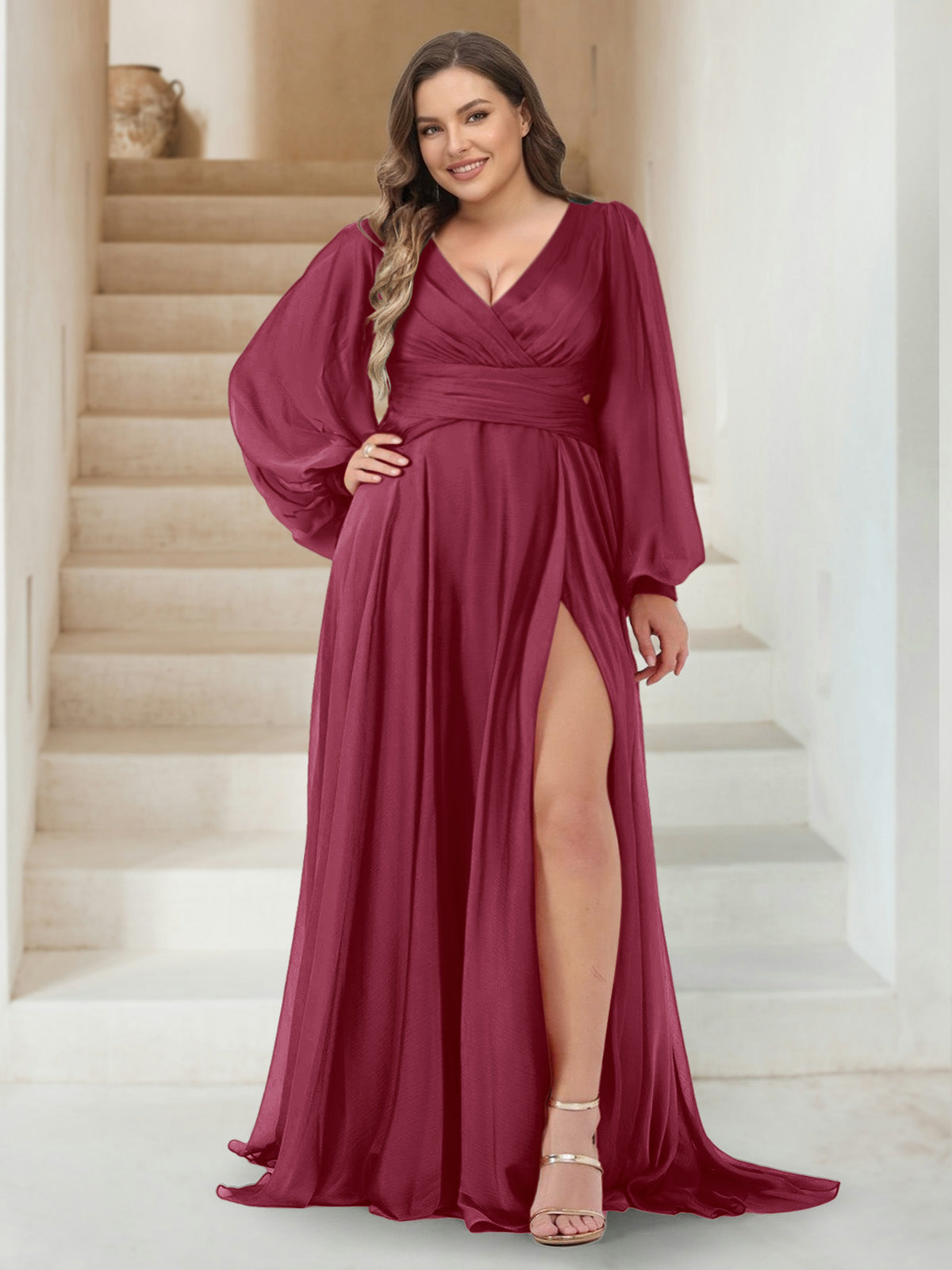 A-Line/Princess V-Neck Long Sleeves Floor Length Plus Size Bridesmaid Dresses with Split Side Light Burgundy