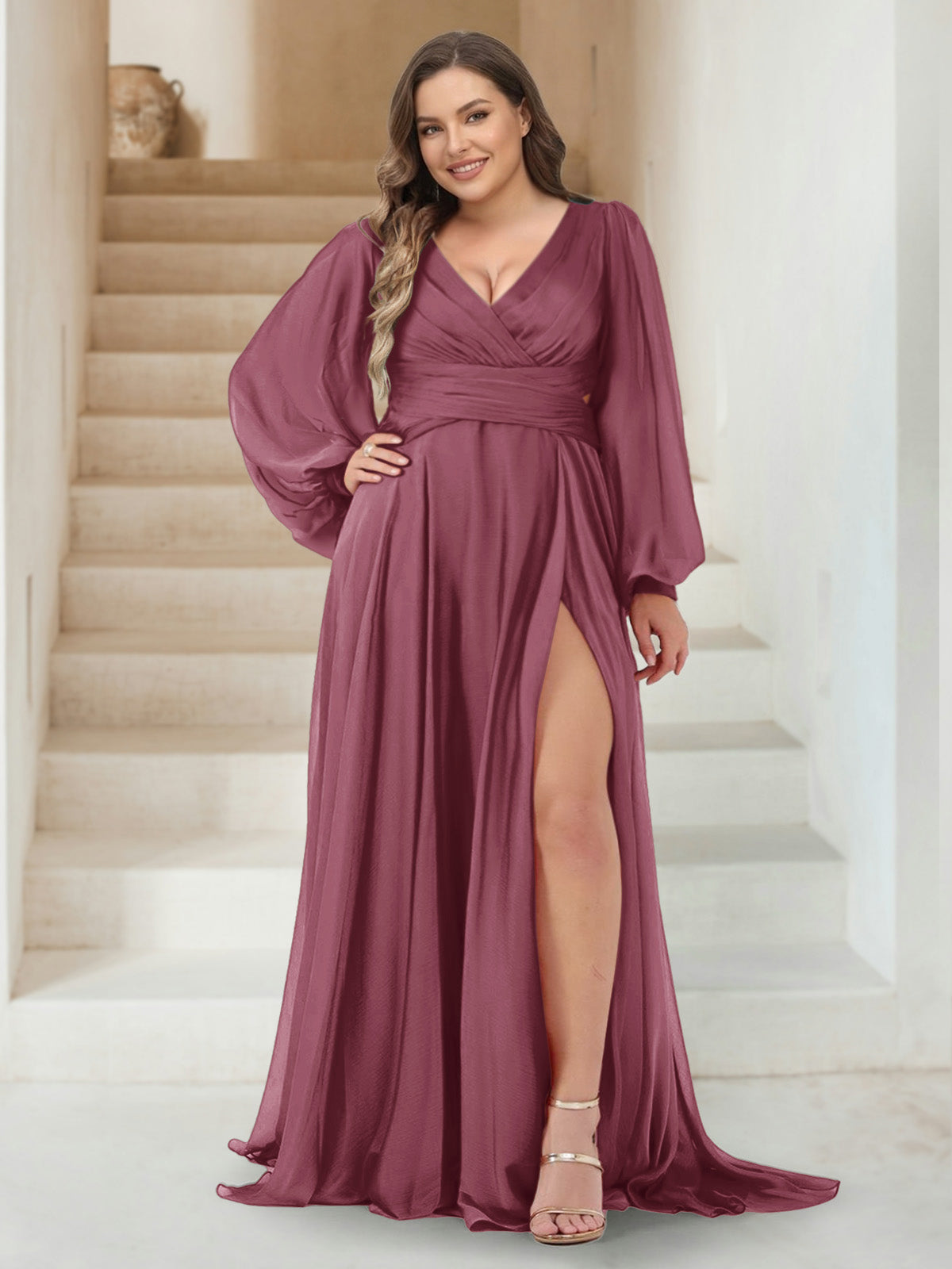 A-Line/Princess V-Neck Long Sleeves Floor Length Plus Size Bridesmaid Dresses with Split Side Mulberry