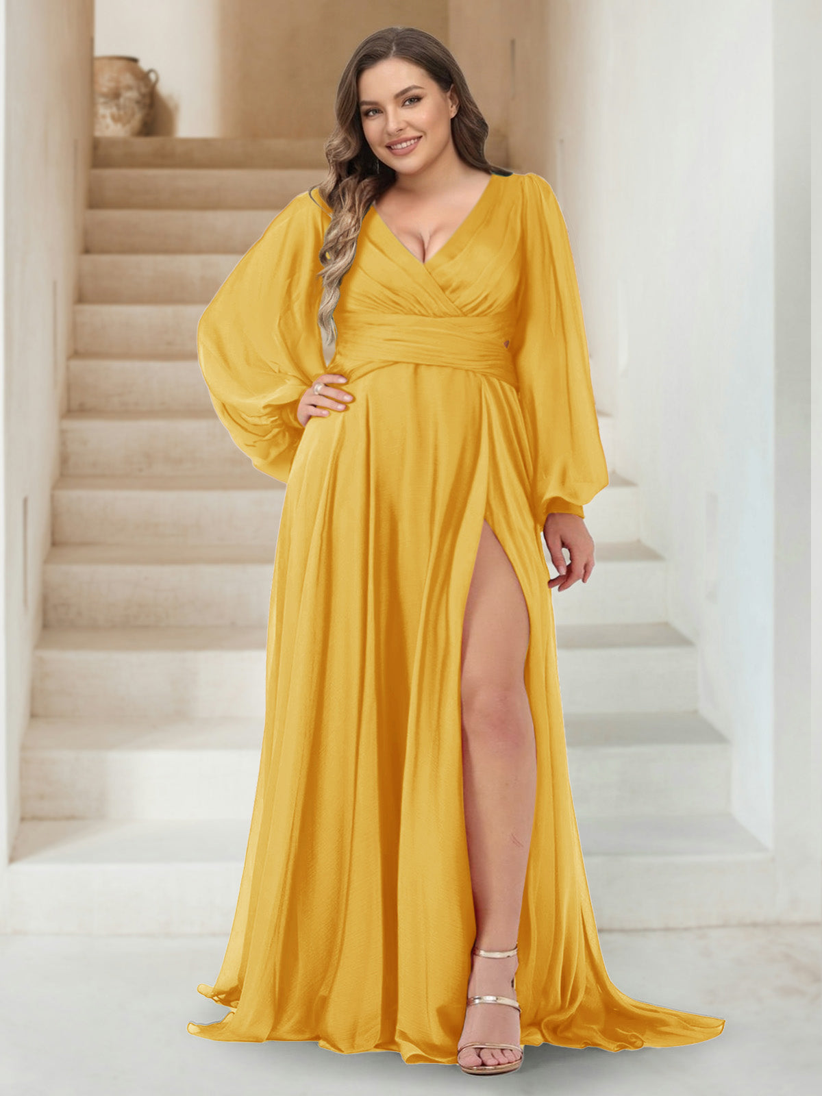 A-Line/Princess V-Neck Long Sleeves Floor Length Plus Size Bridesmaid Dresses with Split Side Mustard Yellow