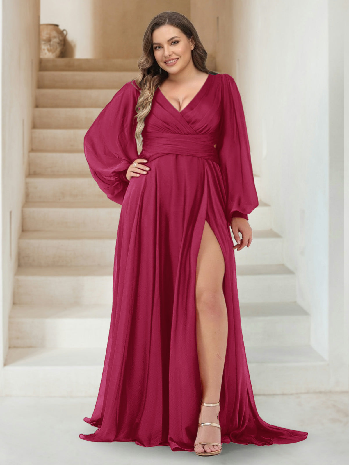A-Line/Princess V-Neck Long Sleeves Floor Length Plus Size Bridesmaid Dresses with Split Side Wine Red