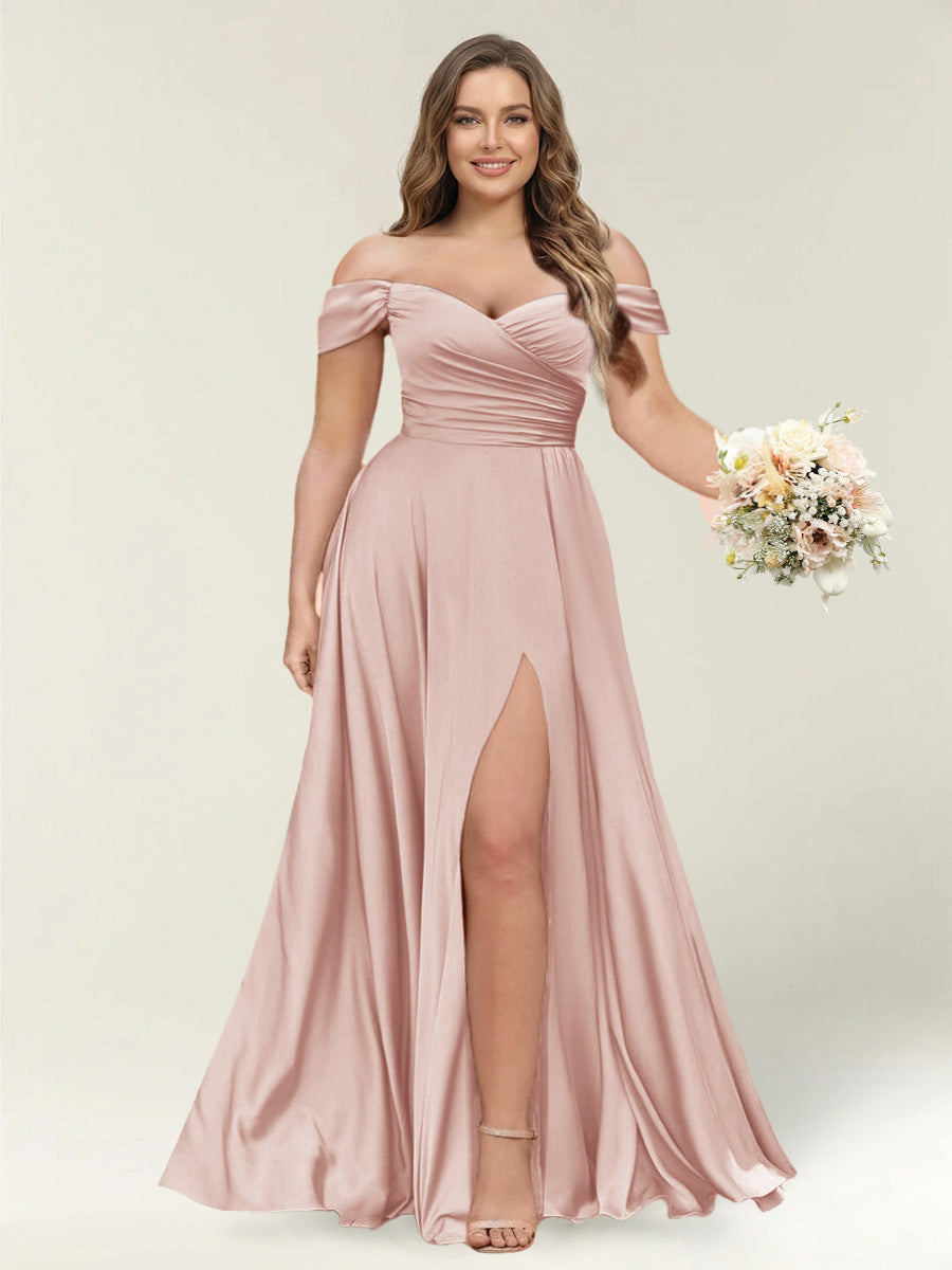 A-Line/Princess One-Shoulder Sleeveless Long Plus Size Bridesmaid Dresses with Split Side Blush Pink