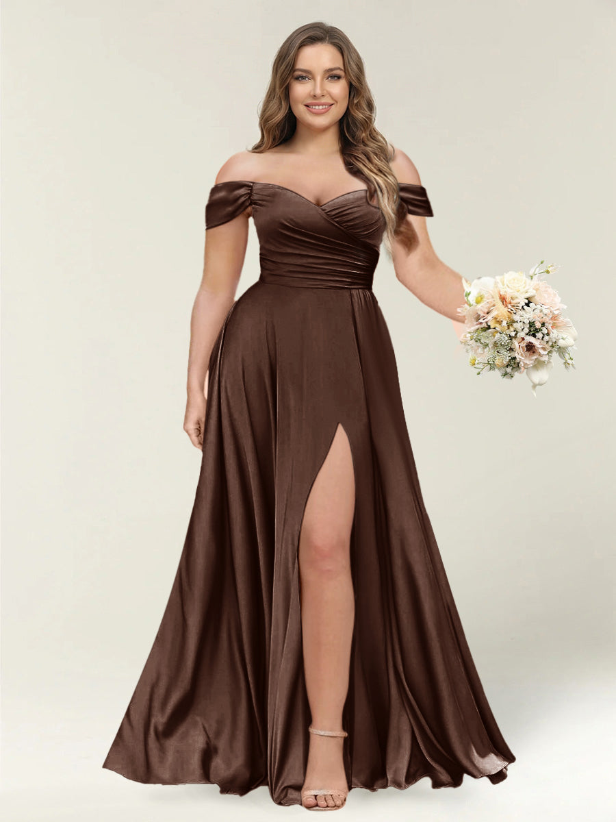 A-Line/Princess One-Shoulder Sleeveless Long Plus Size Bridesmaid Dresses with Split Side Brown