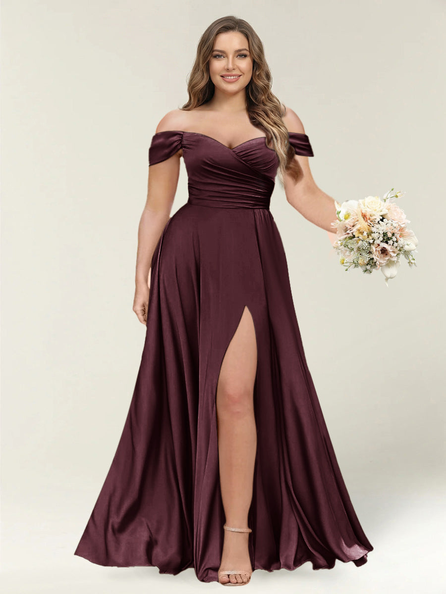 A-Line/Princess One-Shoulder Sleeveless Long Plus Size Bridesmaid Dresses with Split Side Burgundy