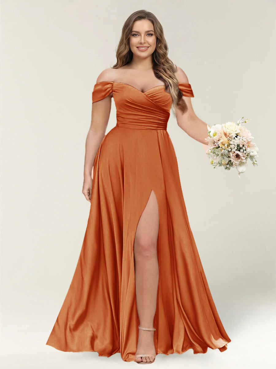 A-Line/Princess One-Shoulder Sleeveless Long Plus Size Bridesmaid Dresses with Split Side Burnt Orange