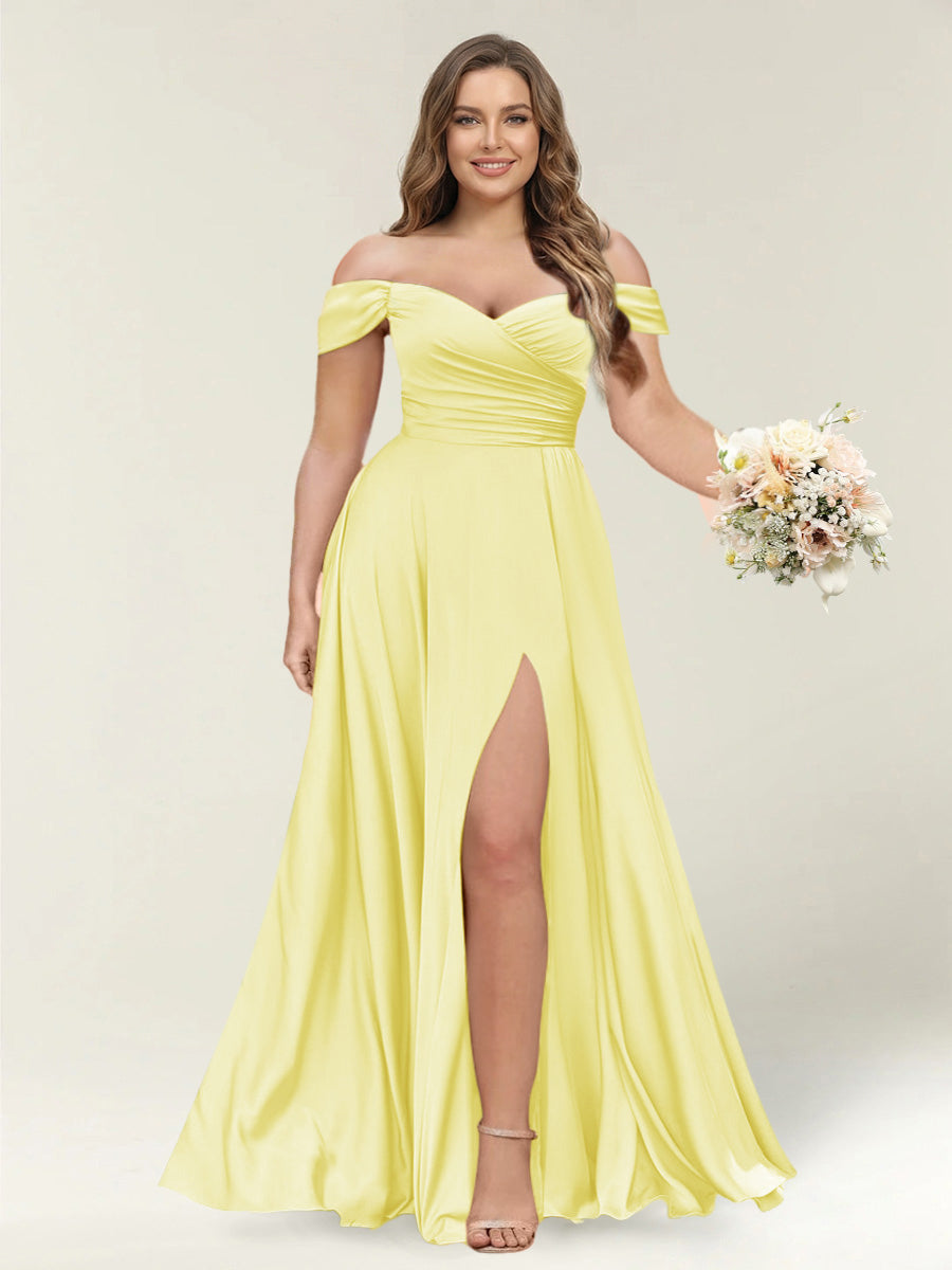 A-Line/Princess One-Shoulder Sleeveless Long Plus Size Bridesmaid Dresses with Split Side Canary