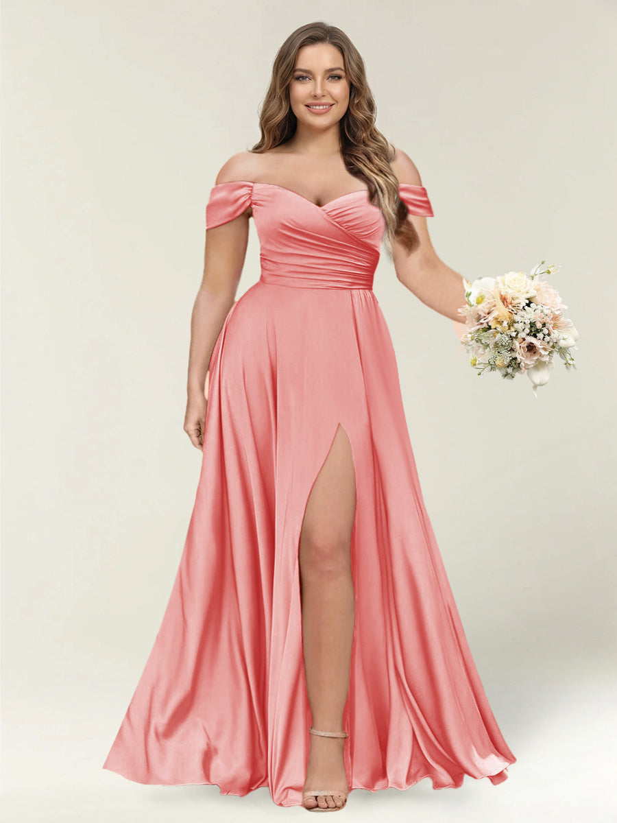 A-Line/Princess One-Shoulder Sleeveless Long Plus Size Bridesmaid Dresses with Split Side Coral