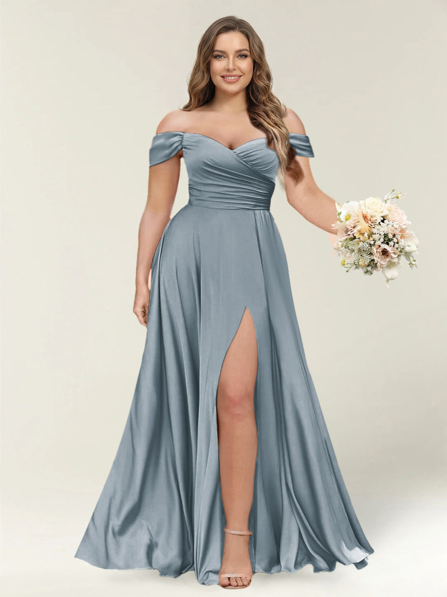 A-Line/Princess One-Shoulder Sleeveless Long Plus Size Bridesmaid Dresses with Split Side Dusty Blue