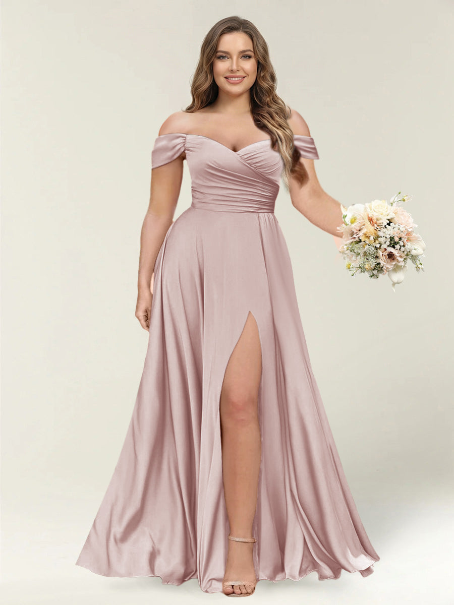 A-Line/Princess One-Shoulder Sleeveless Long Plus Size Bridesmaid Dresses with Split Side Dusty Pink