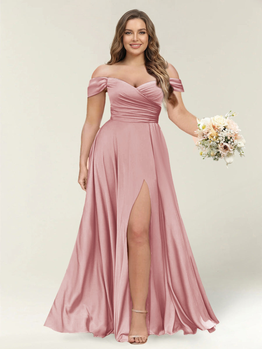 A-Line/Princess One-Shoulder Sleeveless Long Plus Size Bridesmaid Dresses with Split Side Dusty Rose