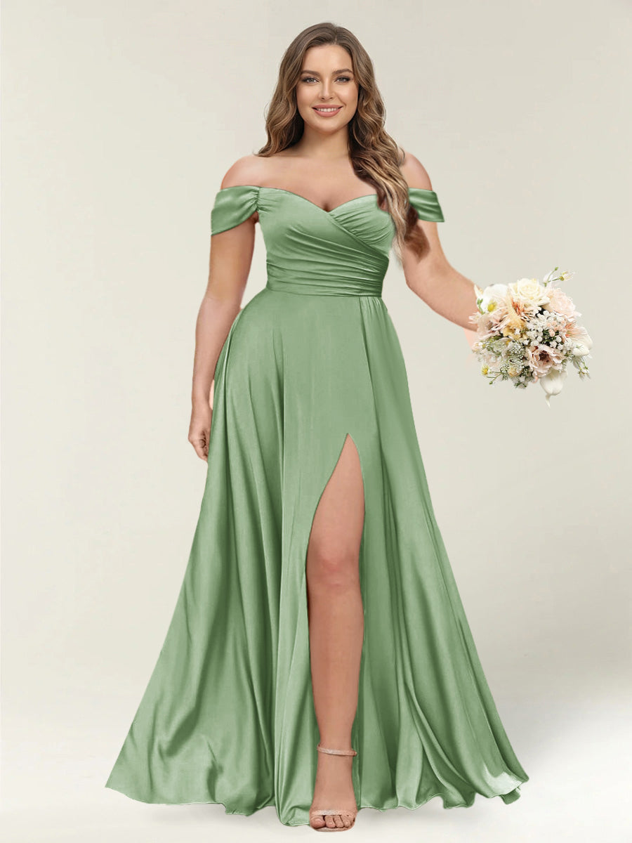 A-Line/Princess One-Shoulder Sleeveless Long Plus Size Bridesmaid Dresses with Split Side Dusty Sage