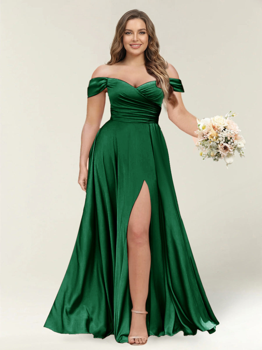 A-Line/Princess One-Shoulder Sleeveless Long Plus Size Bridesmaid Dresses with Split Side Emerald