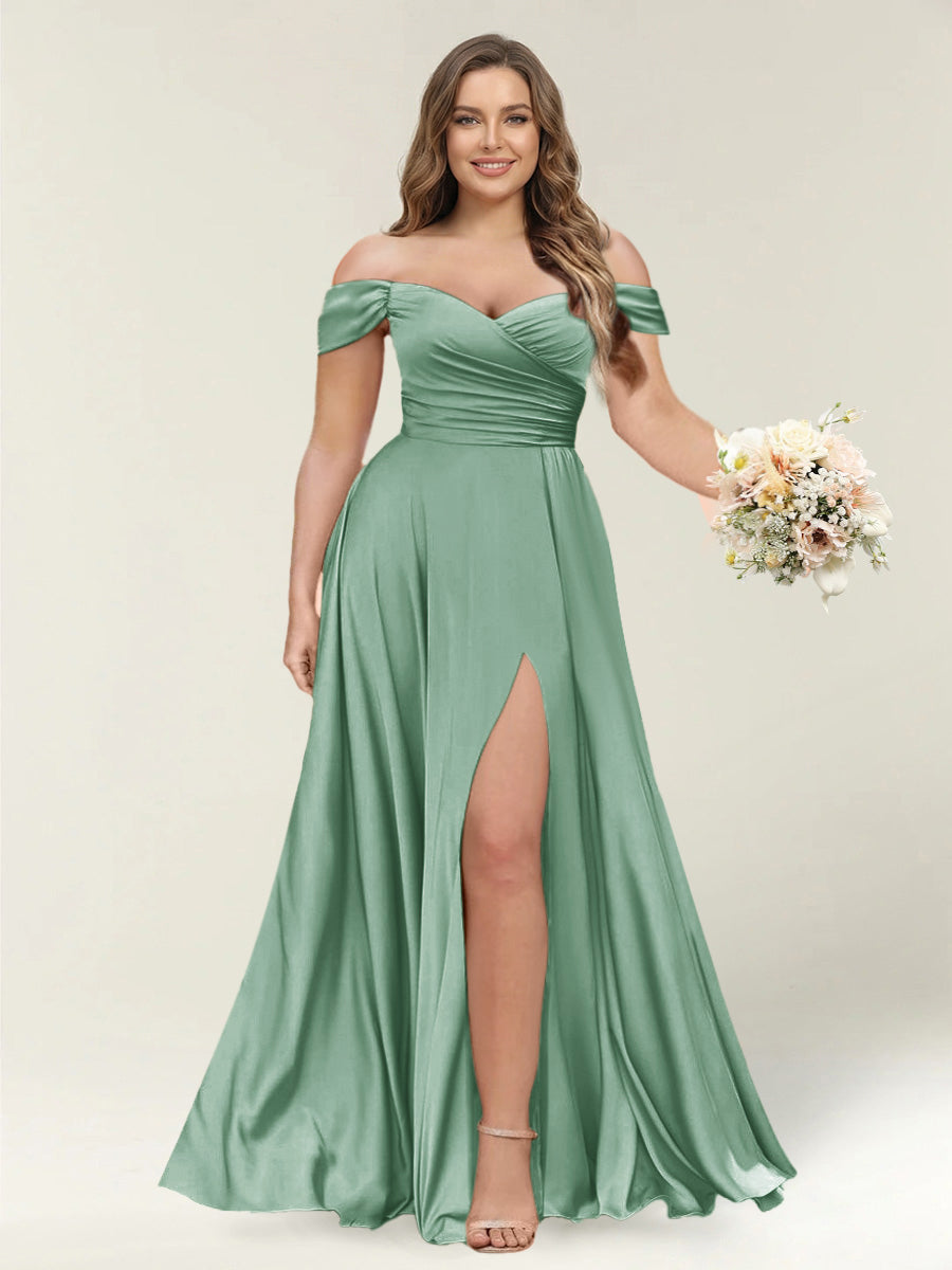 A-Line/Princess One-Shoulder Sleeveless Long Plus Size Bridesmaid Dresses with Split Side Eucalyptus
