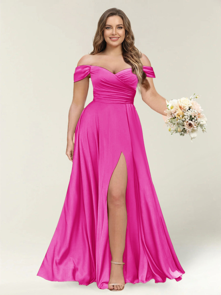 A-Line/Princess One-Shoulder Sleeveless Long Plus Size Bridesmaid Dresses with Split Side Fuchsia