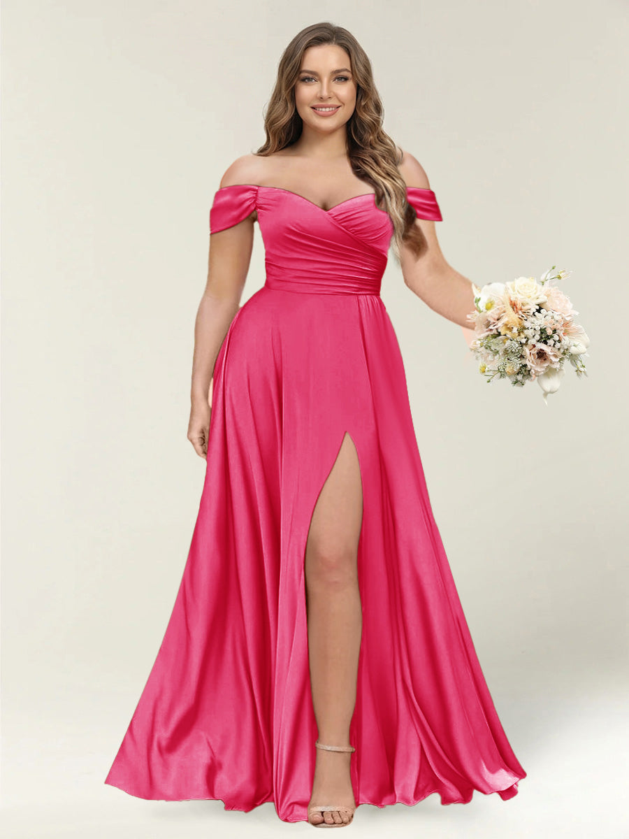 A-Line/Princess One-Shoulder Sleeveless Long Plus Size Bridesmaid Dresses with Split Side Fuchsia Pink
