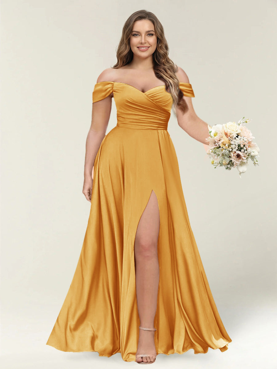 A-Line/Princess One-Shoulder Sleeveless Long Plus Size Bridesmaid Dresses with Split Side Gold