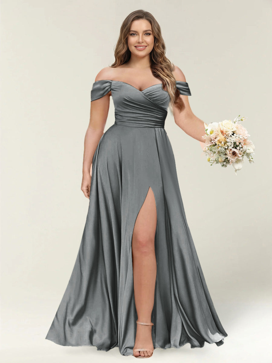A-Line/Princess One-Shoulder Sleeveless Long Plus Size Bridesmaid Dresses with Split Side Gray