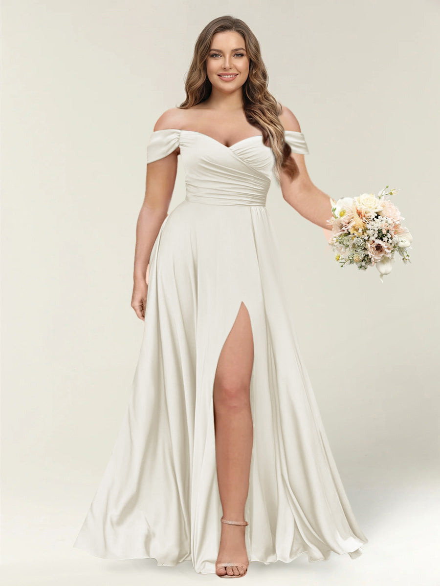 A-Line/Princess One-Shoulder Sleeveless Long Plus Size Bridesmaid Dresses with Split Side Ivory