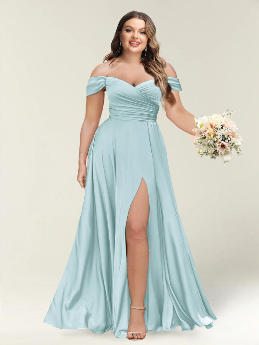 A-Line/Princess One-Shoulder Sleeveless Long Plus Size Bridesmaid Dresses with Split Side Light Blue