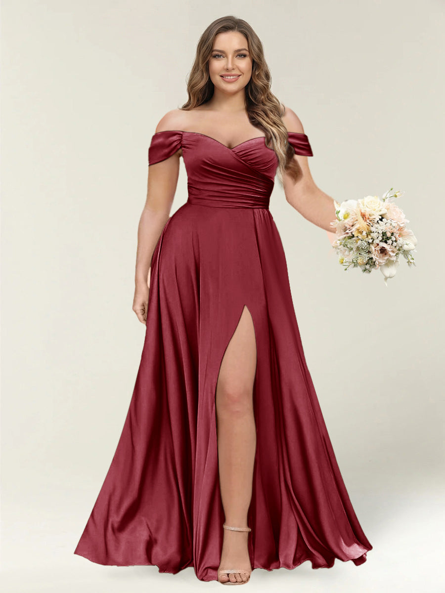 A-Line/Princess One-Shoulder Sleeveless Long Plus Size Bridesmaid Dresses with Split Side Light Burgundy