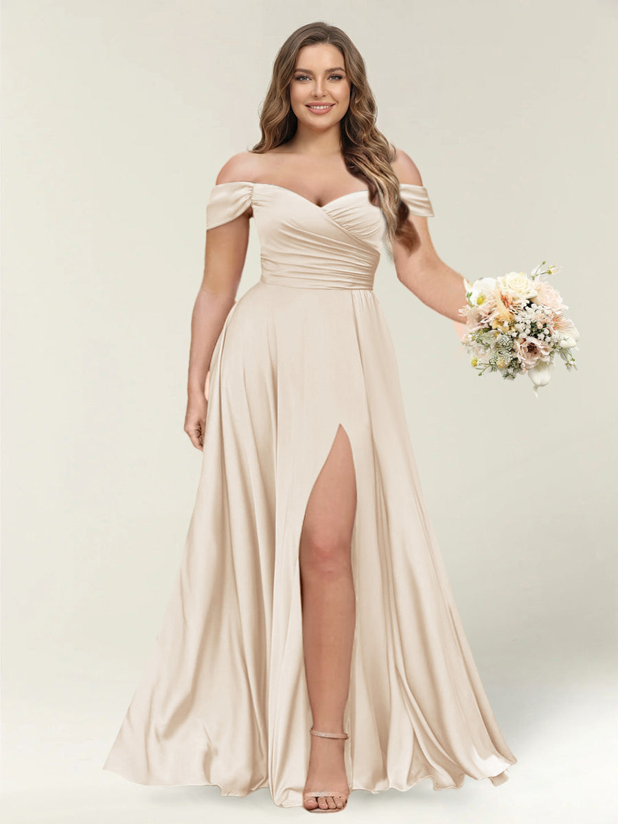 A-Line/Princess One-Shoulder Sleeveless Long Plus Size Bridesmaid Dresses with Split Side Light Champagne