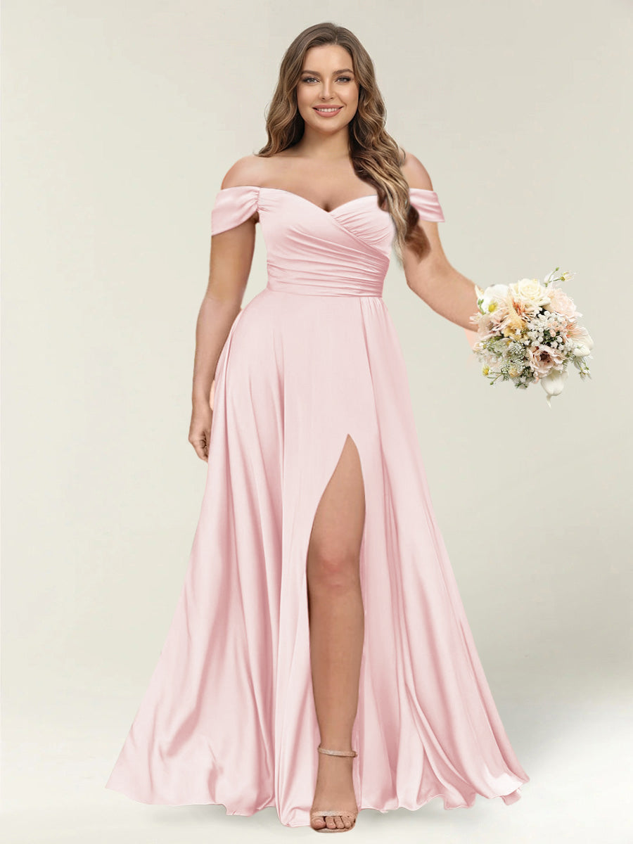 A-Line/Princess One-Shoulder Sleeveless Long Plus Size Bridesmaid Dresses with Split Side Light Pink
