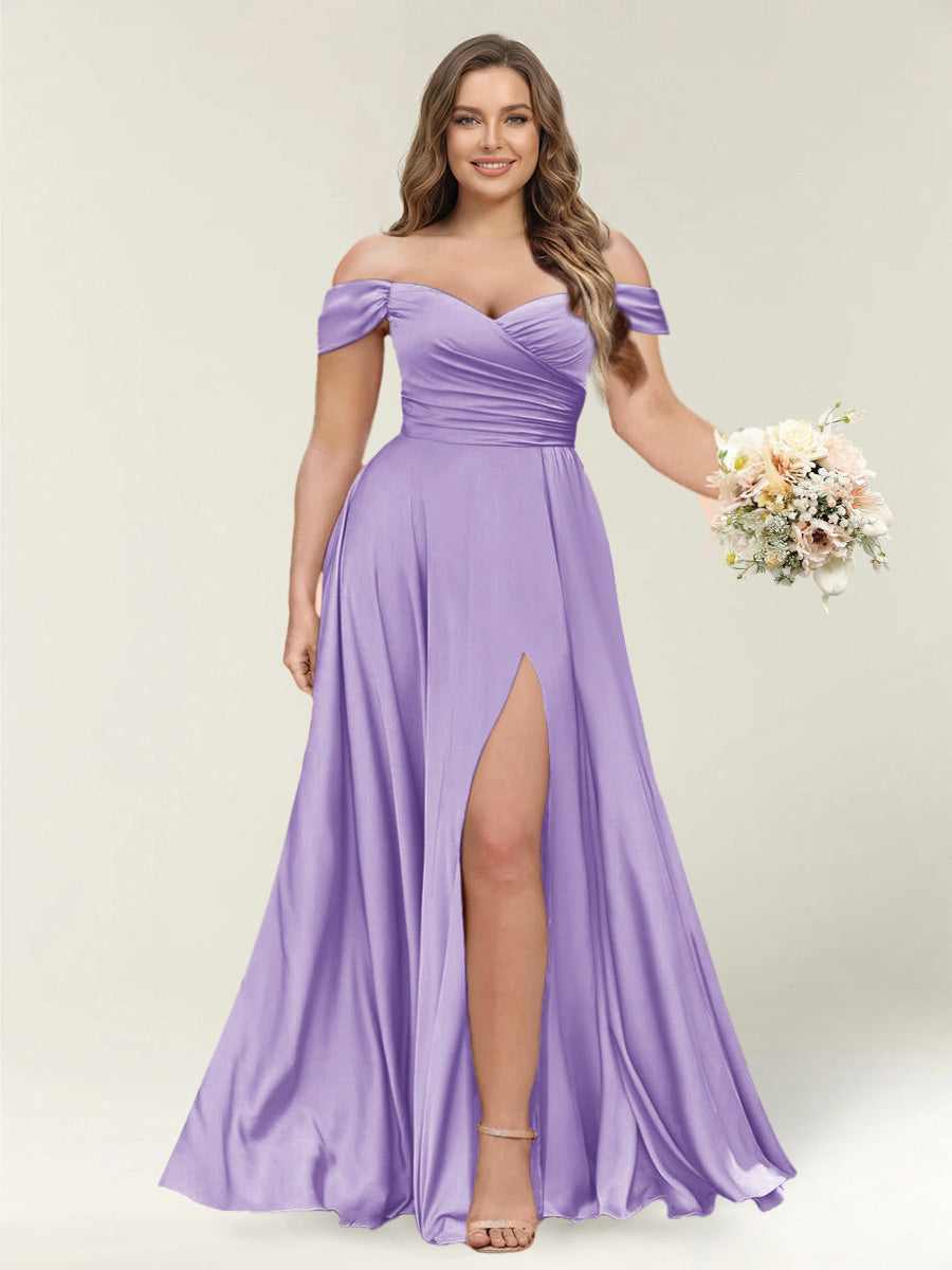 A-Line/Princess One-Shoulder Sleeveless Long Plus Size Bridesmaid Dresses with Split Side Light Purple