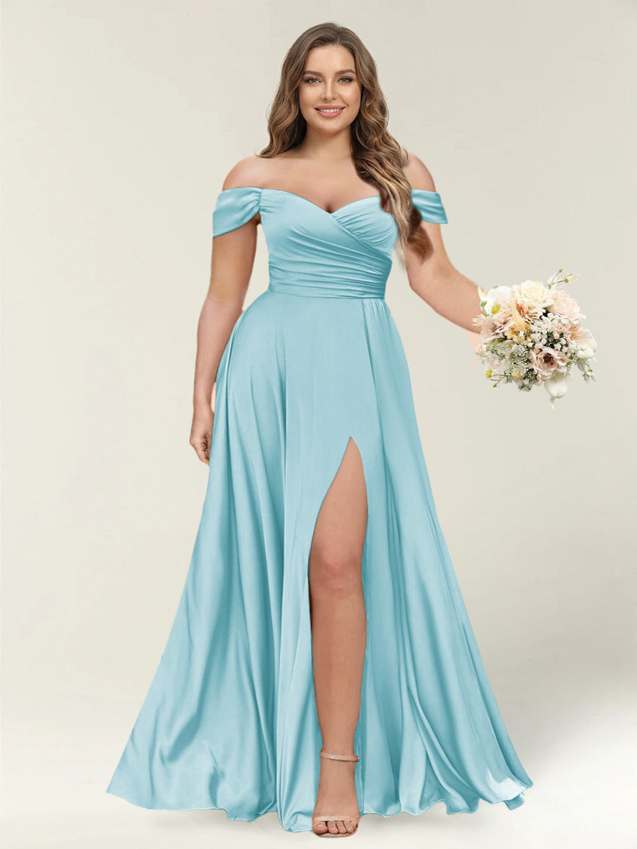 A-Line/Princess One-Shoulder Sleeveless Long Plus Size Bridesmaid Dresses with Split Side Light Sky Blue