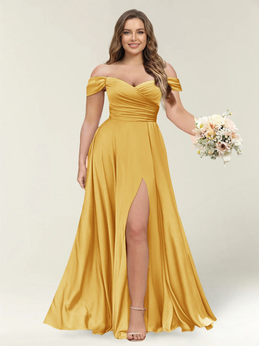 A-Line/Princess One-Shoulder Sleeveless Long Plus Size Bridesmaid Dresses with Split Side Mustard Yellow