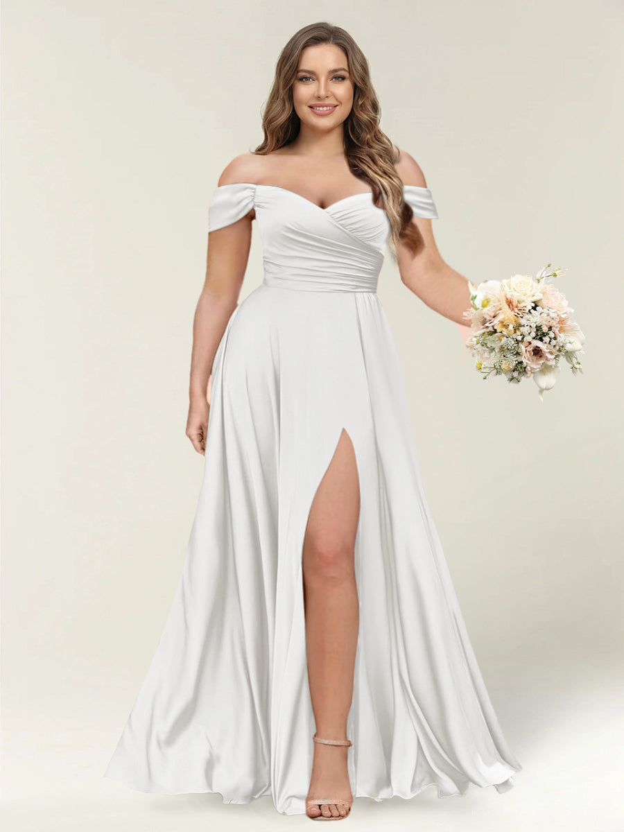 A-Line/Princess One-Shoulder Sleeveless Long Plus Size Bridesmaid Dresses with Split Side Off White