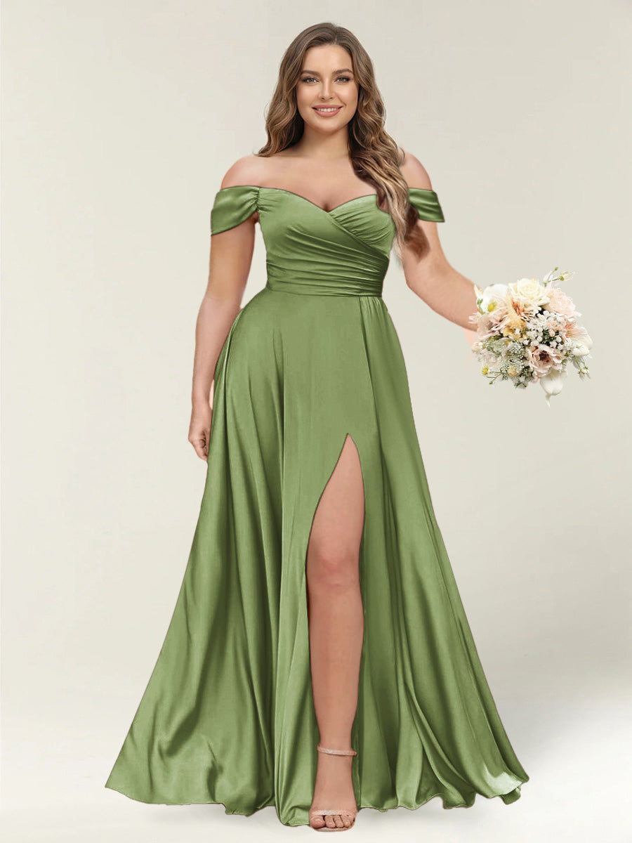 A-Line/Princess One-Shoulder Sleeveless Long Plus Size Bridesmaid Dresses with Split Side Olive Green