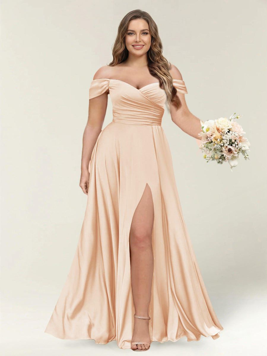 A-Line/Princess One-Shoulder Sleeveless Long Plus Size Bridesmaid Dresses with Split Side Peach Pink
