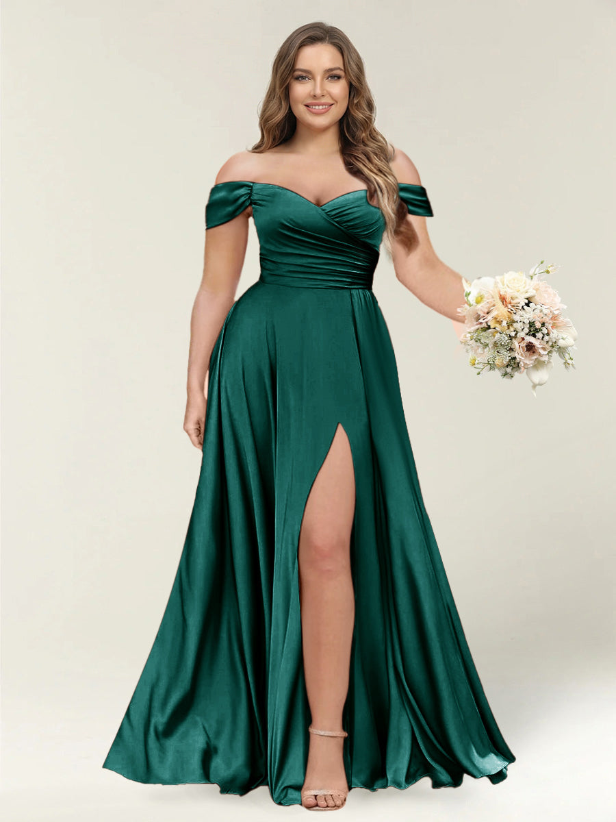 A-Line/Princess One-Shoulder Sleeveless Long Plus Size Bridesmaid Dresses with Split Side Peacock