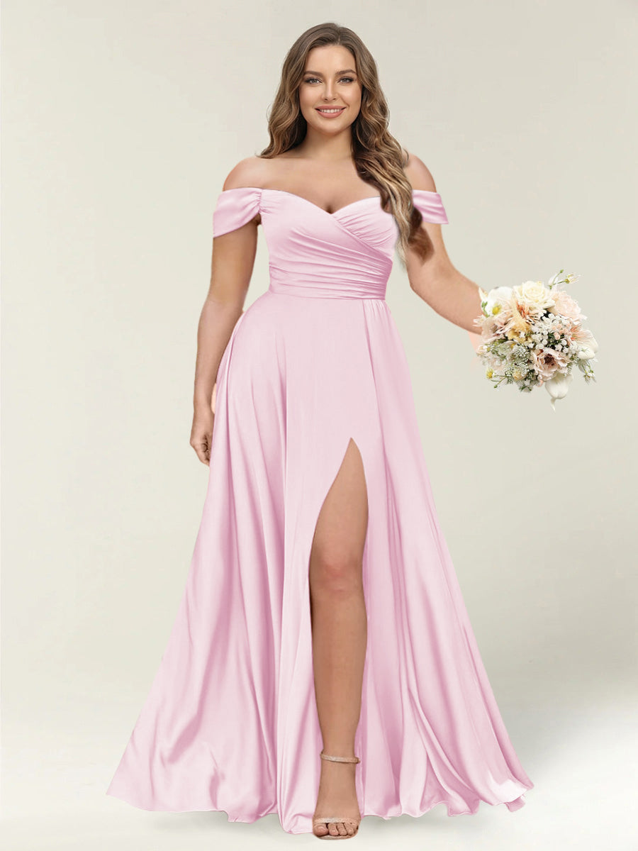 A-Line/Princess One-Shoulder Sleeveless Long Plus Size Bridesmaid Dresses with Split Side Pearl Pink