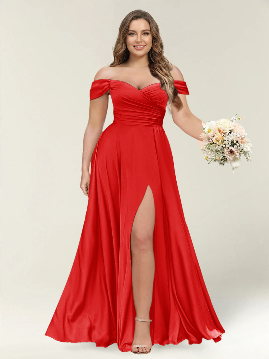 A-Line/Princess One-Shoulder Sleeveless Long Plus Size Bridesmaid Dresses with Split Side Red