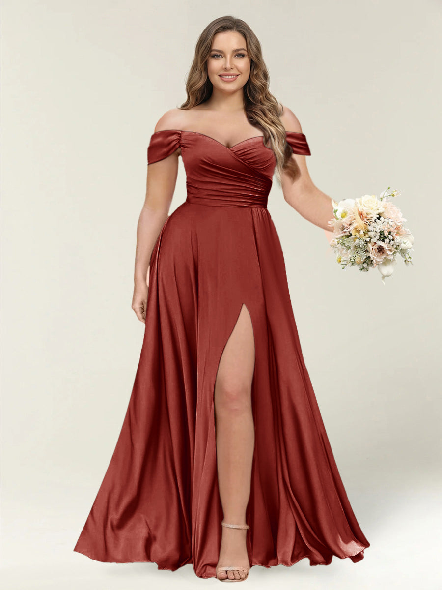 A-Line/Princess One-Shoulder Sleeveless Long Plus Size Bridesmaid Dresses with Split Side Rust
